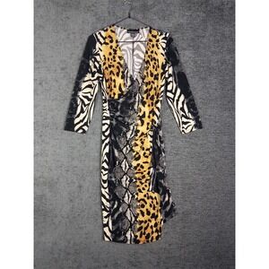 Frank Lyman Wrap Dress Womens‎ 4 V Neck Animal Print Safari Ruffle Cocktail Midi